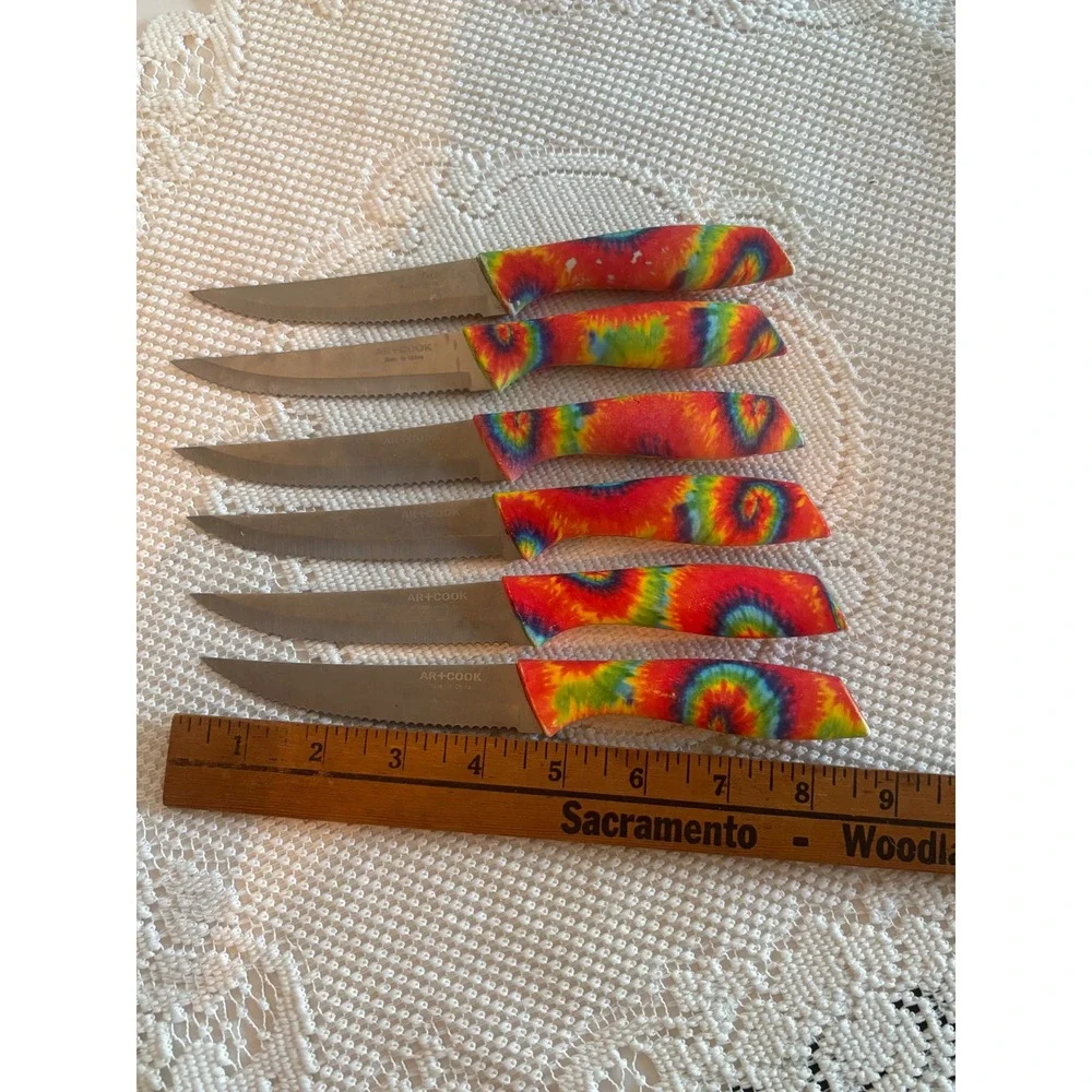 Art+Cook Steak Knife Set 6pc Stainless Steel Tie Dye Rainbow Serrated Blades